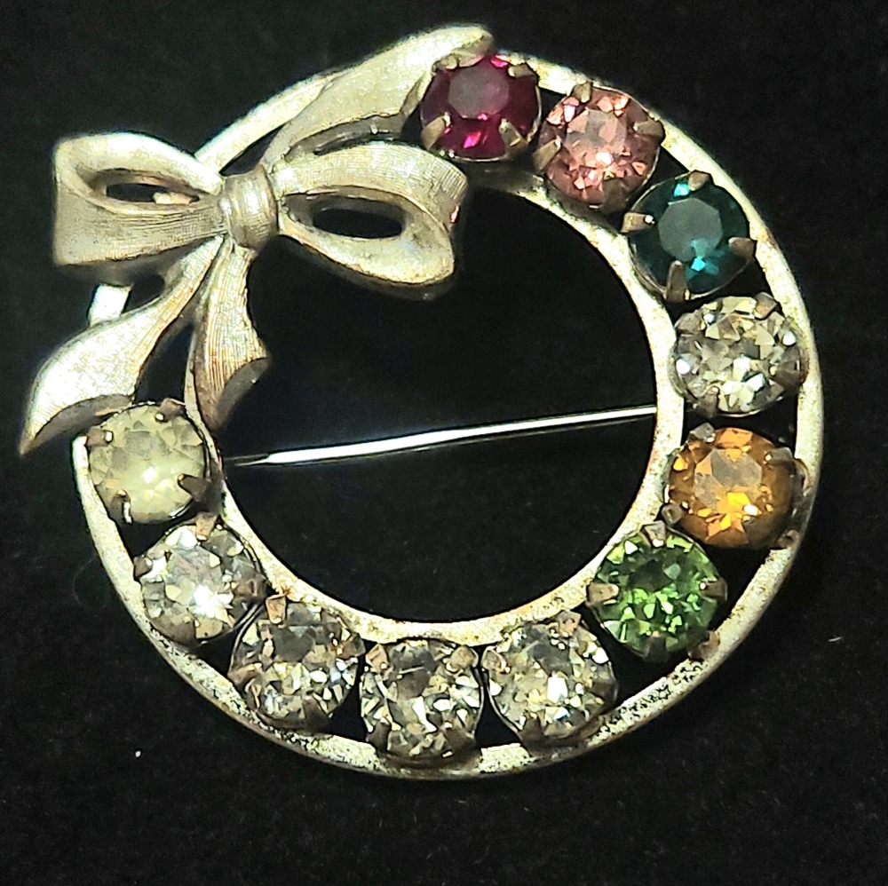 Vtg 1940 Tru-Kay Sterling Silver Mothers Brooch  Rhinestones Silver Bow Pin